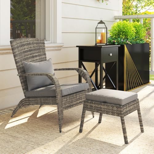 Outsunny Patio Wicker Adirondack Chair with Ottoman High-Back Gray