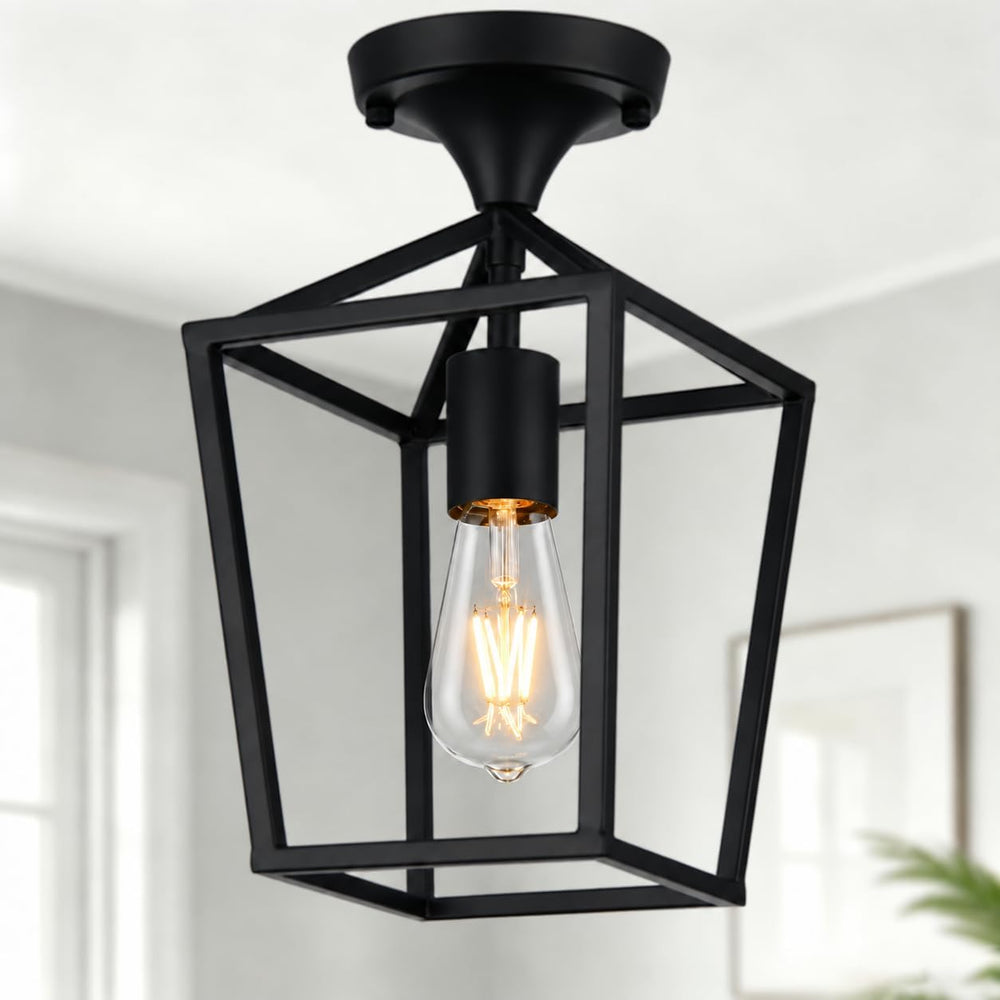 Flush Mount Ceiling Light Fixture, Matte Black Industrial Farmhouse Cage