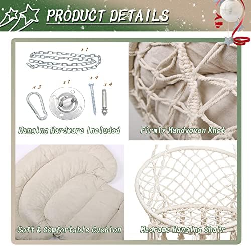 Hammock Chair with Cushion, Handmade Macrame Swing Chair with Hanging Hardwar...