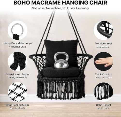 Athena Collection Macrame Hammock Chair with Mounting Hardware Kit, Black