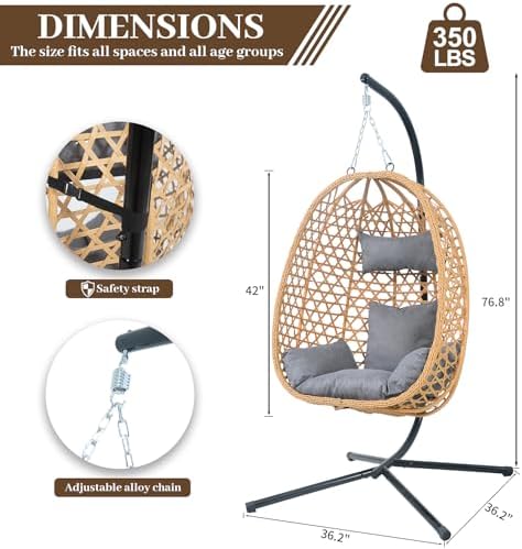 Outdoor Hanging Egg Chair with Stand,Patio Rattan Hammock Chair,Grey