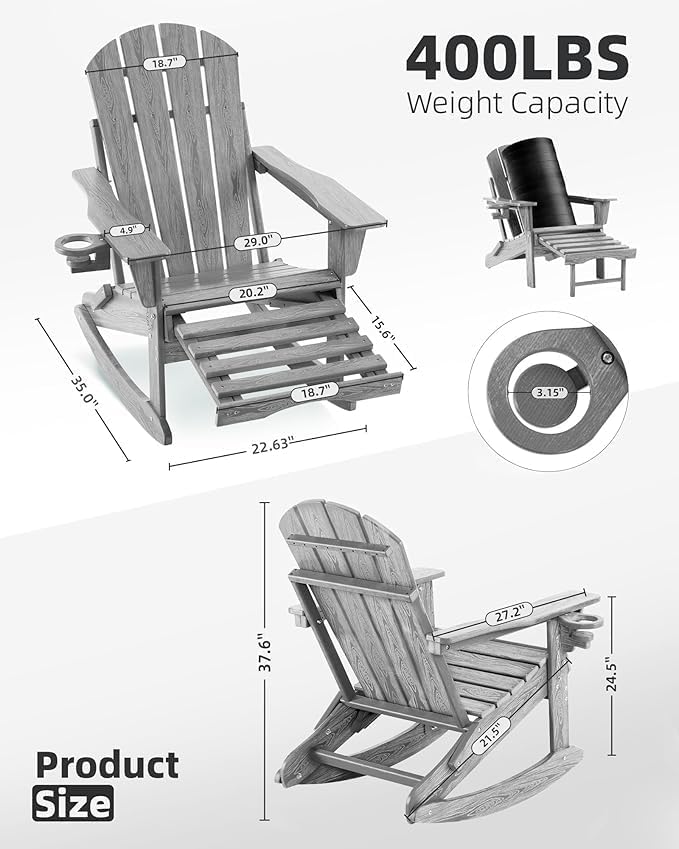 Folding Adirondack Rocking Chair Set of 2,4-in-1 Multifunctional Patio Chairs...