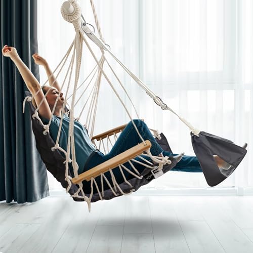 Hammock Chair Hanging Swing,with Footrest&Wooden Armrest;Dark Grey