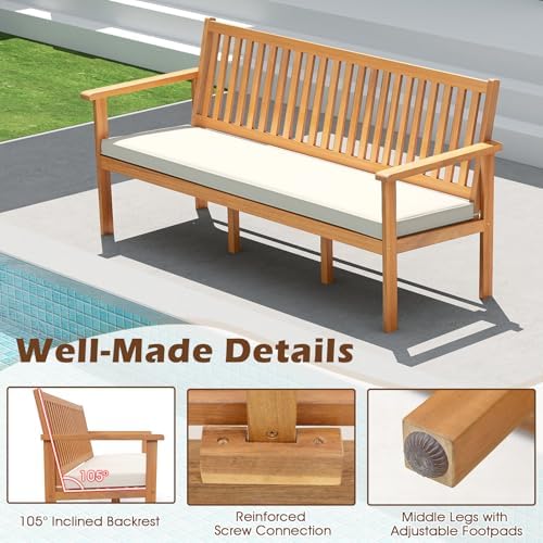 Tangkula 3-Seat Acacia Wood Outdoor Bench with Cushion, 64" Extra Long G...