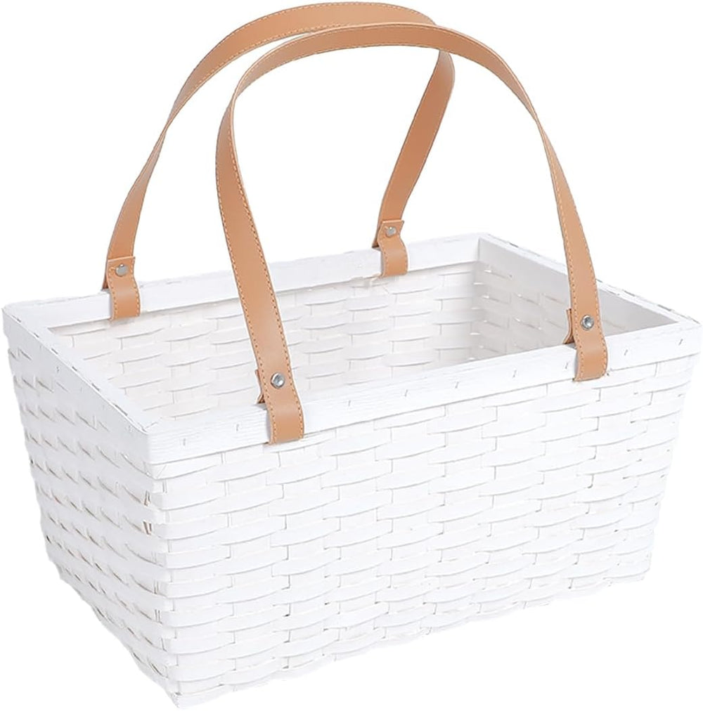 White Wicker Picnic Storage Basket with Leather Handles, Large