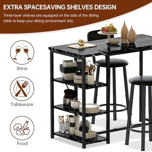 Recaceik Pub Dining Table Set for 2, Table and Bar Stools with 3 Storage Shel...