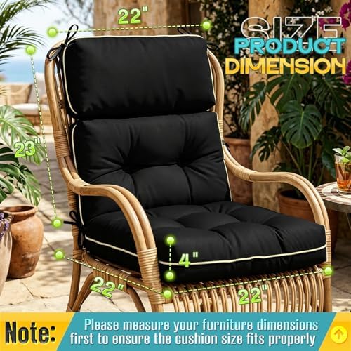 Patio Chair Cushions High Back 44"x22"x4" Thick (Black)