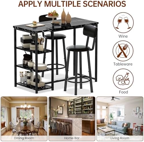 Recaceik Pub Dining Table Set for 2, Table and Bar Stools with 3 Storage Shel...