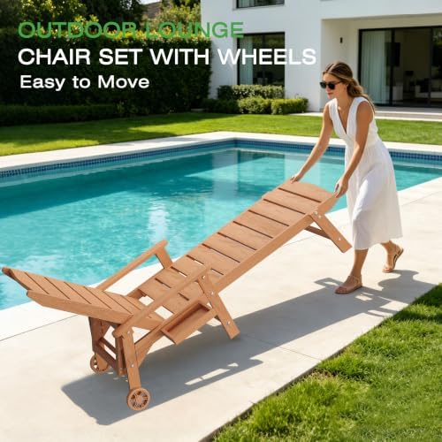 Outdoor Lounge Chairs Set of 2, 6.3ft Chaise Pool Lounger with Wheels