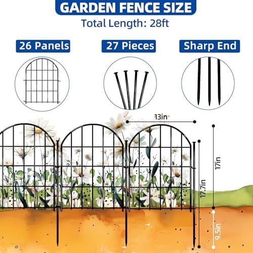 17in X 28ft Decorative Garden Fence, 26 Panels Rustproof Metal No Dig Fence, ...