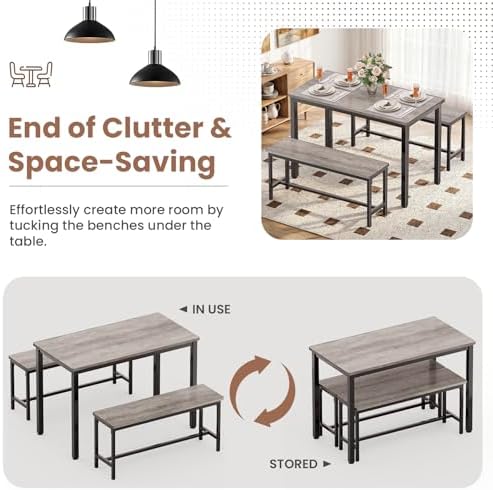 Dining Table Set for 4, 3 Piece Dining Room Table Set for Space-Saving, Moder...