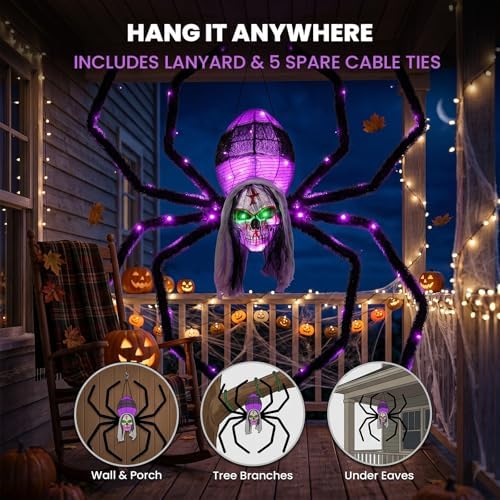 52" Halloween Giant Skull Face Spider, Lighted Outdoor Decoration with F...