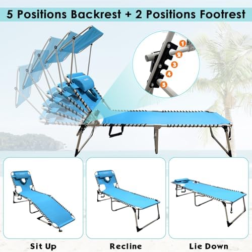 Outdoor Tanning Chair with Sun Canopy Shade & Face Hole, Folding Lounge C...