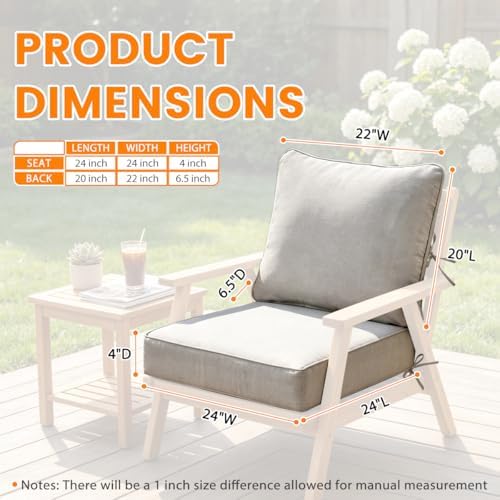 Olefin Deep Seat Cushion Set of 2, Water Resistant Patio Light Gray 24x24x4