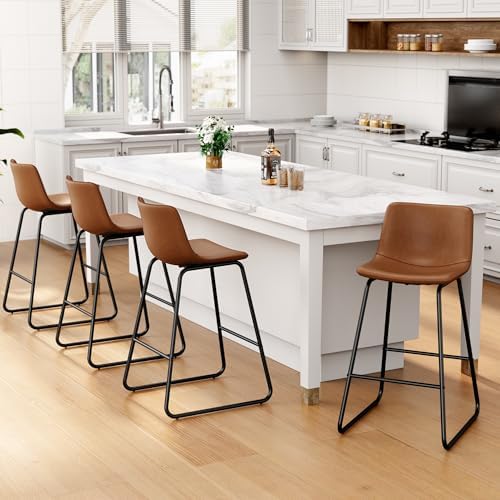 REONEY Bar Stool Set of 3, 26" Urban Faux Leather Counter Stool, Dark Brown