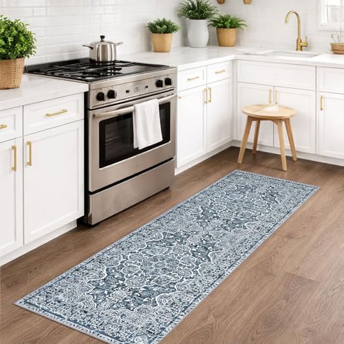 KUTA Vintage Washable Runner Rug 2x6 Blue White Runners for Hallways