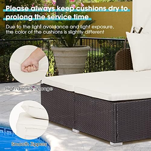 Moccha Outdoor Daybed with Retractable Canopy, Wicker Cabana with 2 Side Tabl...