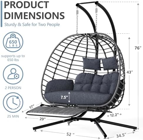 SWITTE Double Egg Chair Outdoor with Stand & Footrest, Patio Swing, Gray