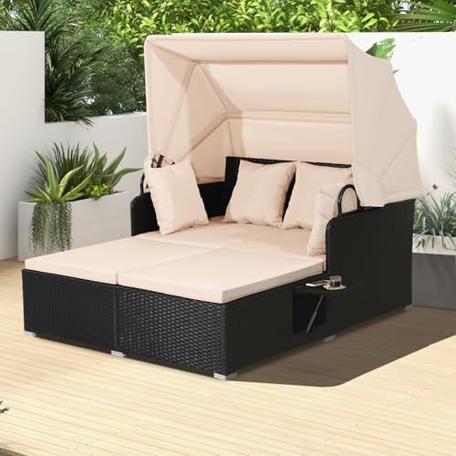 Moccha Outdoor Daybed with Retractable Canopy, Wicker Cabana with 2 Side Tabl...