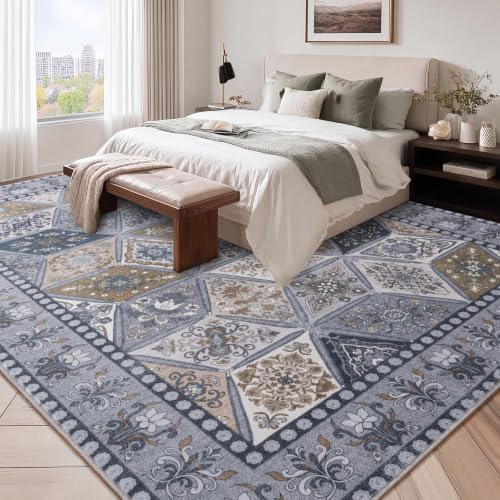 Vintage Washable Living Room Carpet 9x12, Moroccan Patchwork Rug, Dark Grey