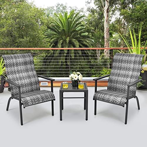 Tangkula 3 Piece High Back Patio Chairs Set, Outdoor Rattan Chairs with Coffe...