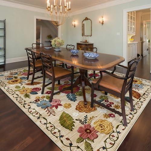Washable 8x10 Area Rug, Beige Boho Floral Non-Slip for Living Room, Bedroom