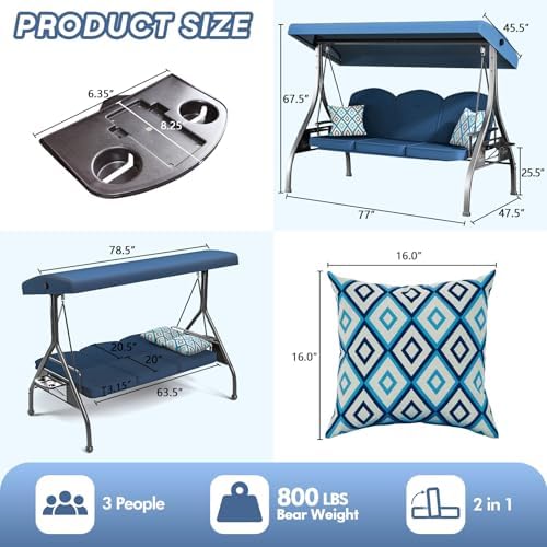 ZZW 3 Seat Outdoor Porch Patio Swing with Stand 800lbs 2-in-1 Convertible Swi...