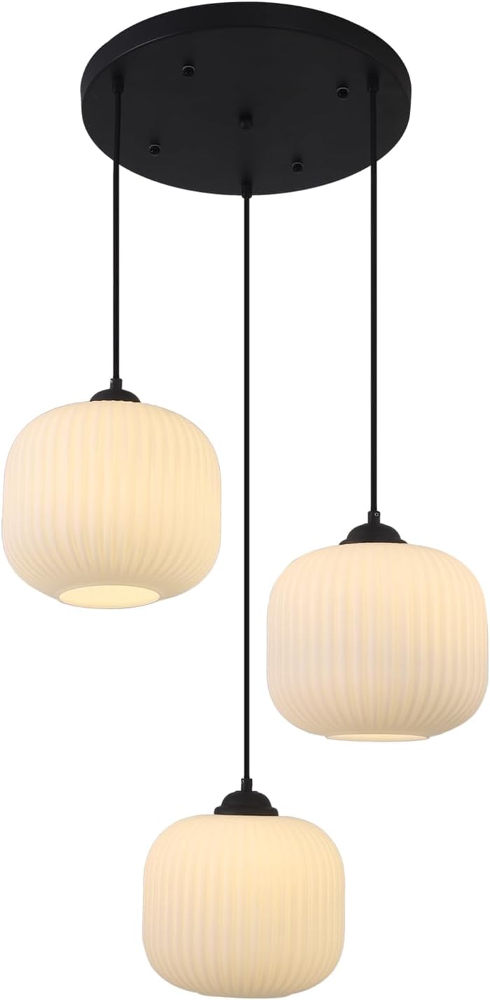 KCO Matte Black 3-Light Ribbed White Milk Glass Cluster Pendant Lighting