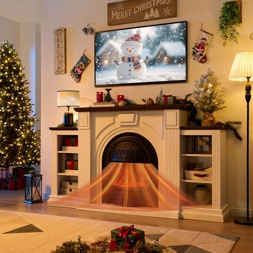 Farmhouse Electric Fireplace with Mantel, 76" Fireplace TV Stand Enterta...