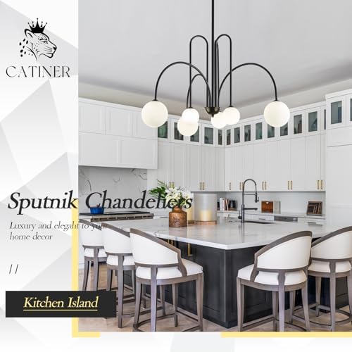 CATINER Modern 40" 6-Light Black Sputnik Chandelier with Milk Glass Globe