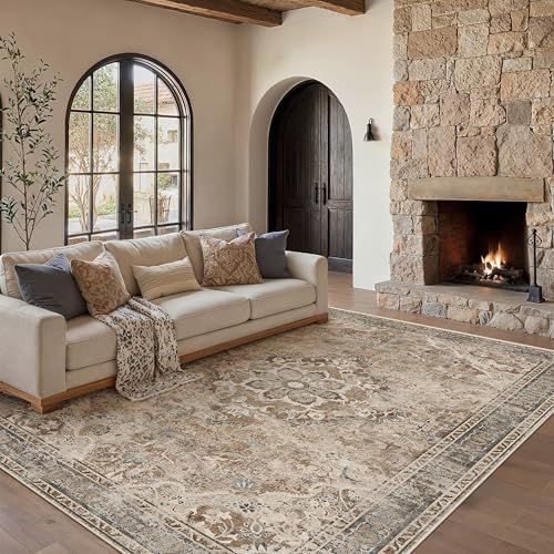 PureCozy Brown Area Rug 8x10 Living Room Vintage Floral Non-Slip Carpet