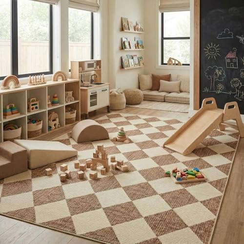 GarveeHome Brown Area Rugs 8x10 Modern Living Room Checkered Washable Rug
