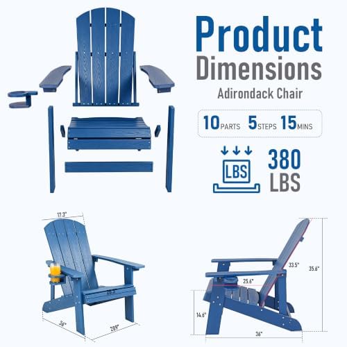 Adirondack Chairs Set of 2, Outdoor Adirondack Chair with Cup Holder, HDPE Pa...