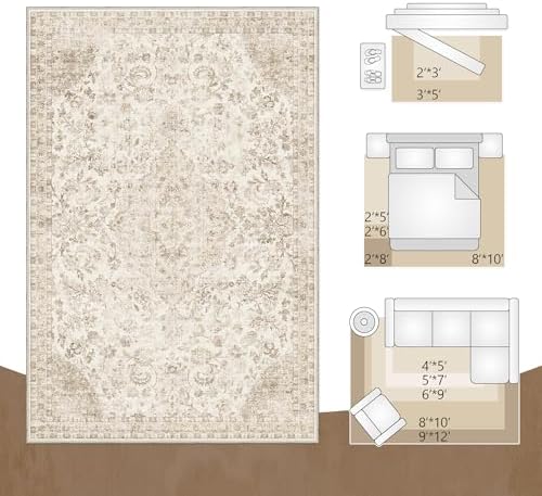 Beauoop 8x10 Washable Beige Neutral Vintage Oriental Area Rug for Bedroom