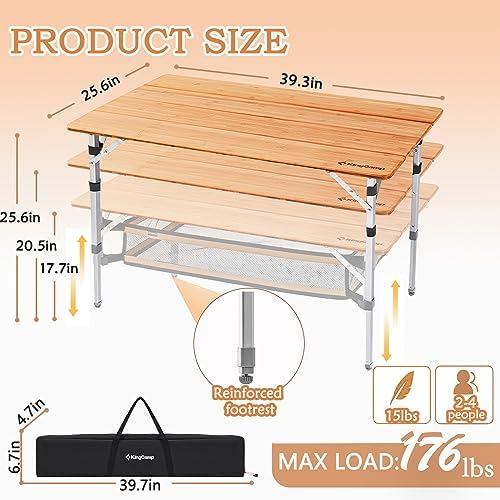 KingCamp Bamboo Folding Table Camping Table with Large Storage Bag Adjustable...