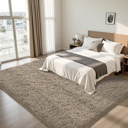 8x10 Area Rug for Living Room,Grey Camel Fluffy Shag Non-Slip Bedroom Rugs