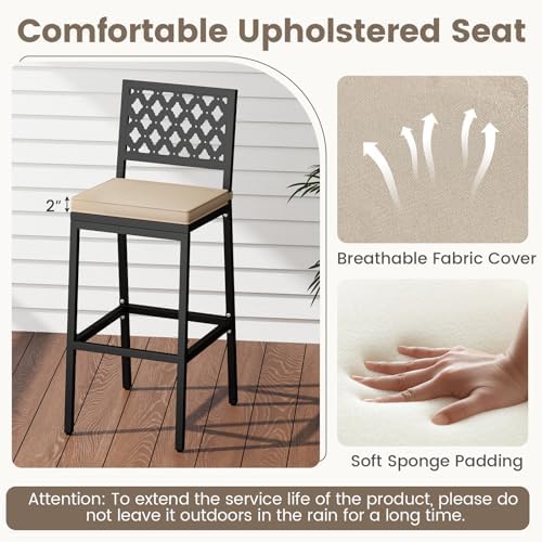 COSTWAY Outdoor Bar Chairs Set of 2 with Heavy-Duty Metal Frame and Cushion