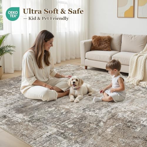 9X12 Area Rug Living Room: Abstract Washable Rugs Brown Grey