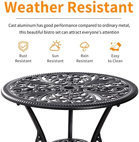 Outdoor Bistro Set 3 Piece Patio Bistro Set, Cast Aluminum Bistro Table and C...