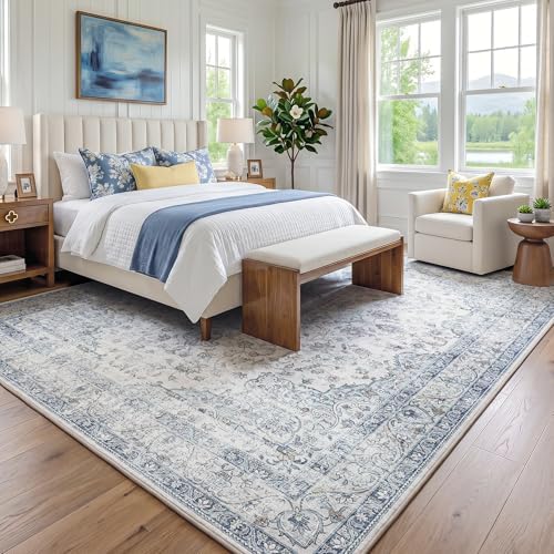 FMFUNCTEX 8x10 Washable Blue Neutral Vintage Large Area Rug for Living Room