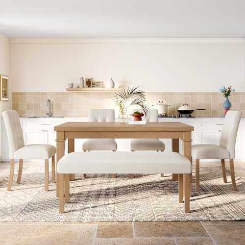 P PURLOVE 6 Piece Dining Table Set, Wood Rectangle Kitchen Table with 4 Uphol...