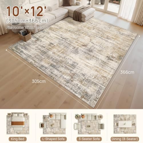 UERMEI 10x12 Area Rug for Living Room Washable Abstract Golden Brown Carpet