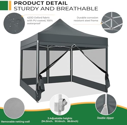 COBIZI 10x10 Heavy Duty Pop Up Canopy with 4 Mosquito Net Sidewalls, Gray