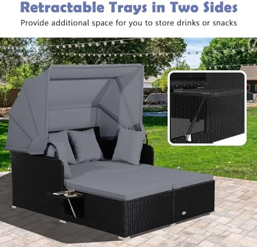 Tangkula Patio Rattan Daybed with Retractable Canopy, Outdoor Wicker Sunbed L...