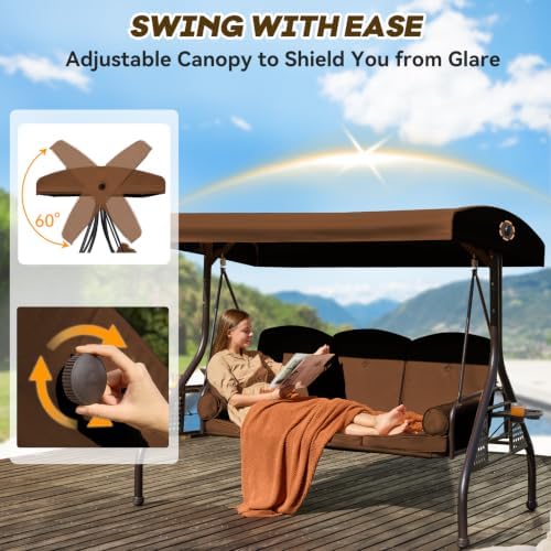 3 in 1 Outdoor Porch Swing with Adjustable Canopy, 3 Seat Outdoor Swing for A...