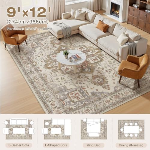 Vintage Washable 9x12 Area Rug for Living Room, Golden Taupe