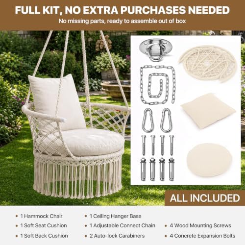 Athena Collection Macrame Hammock Chair with Mounting Hardware Kit, Beige