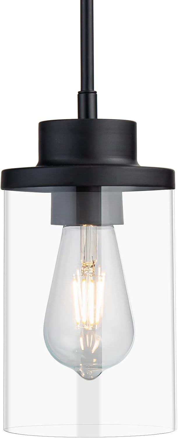 Black Farmhouse Pendant Light, Clear Glass Cylinder Hanging Fixture