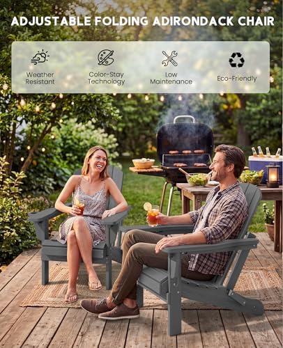SERWALL Folding Adjustable Adirondack Chairs Set of 2, Cup Holders, Gray