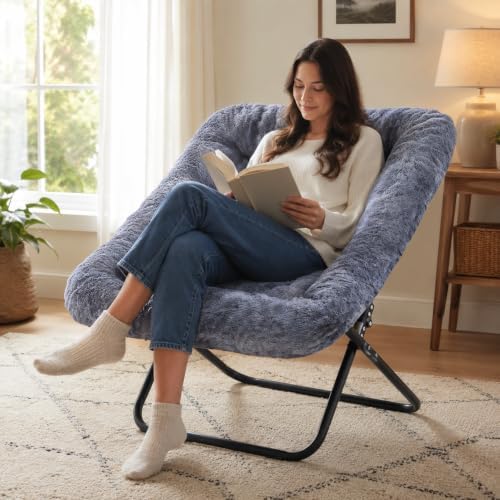 Simple Deluxe Oversized Square Moon Chair for Adults, Soft Faux Fur Folding L...